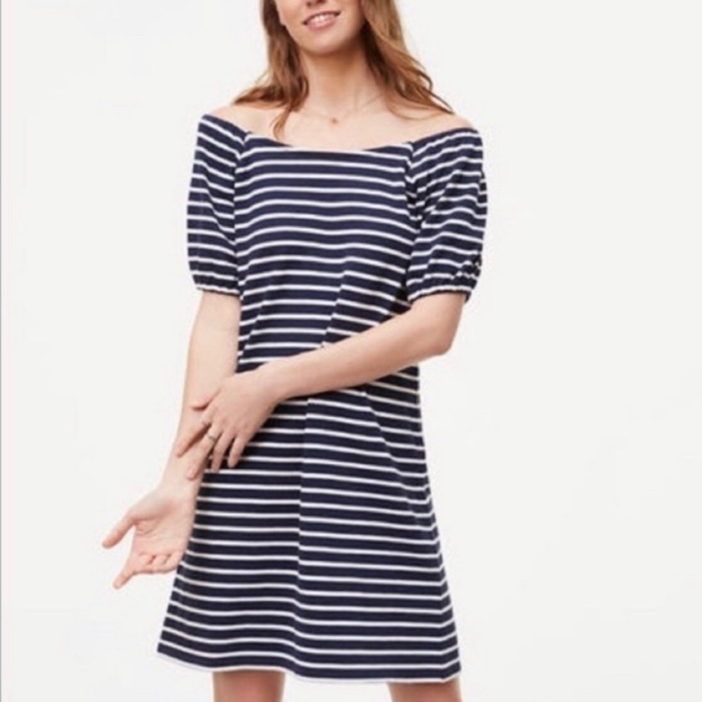 LOFT Off Shoulder Navy White Striped Cotton Dress